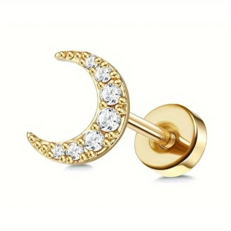 Drperfect 1 PC Earrings Stylish Safe Internally Threaded CZ Jewelry for Women and Men - Moon Heart-Shaped Bee Butterfly Designs