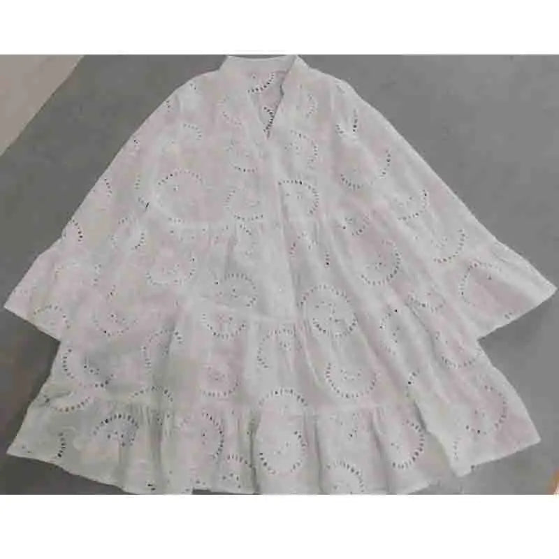 New Elegant V-neck Loose  Embroidery Party Dress Fashion Hollow Solid Lace Dress Women Sexy Ladies Dresses Casual Vestidos 27725