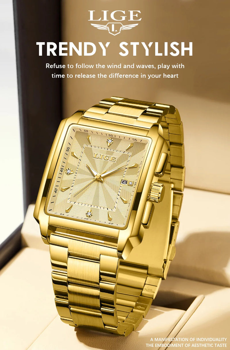 LIGE Gold Stainless Steel Men Watches Quartz Waterproof Luminous Male Clock Business Sport Mens Watch Luxury Calendar Man Watch