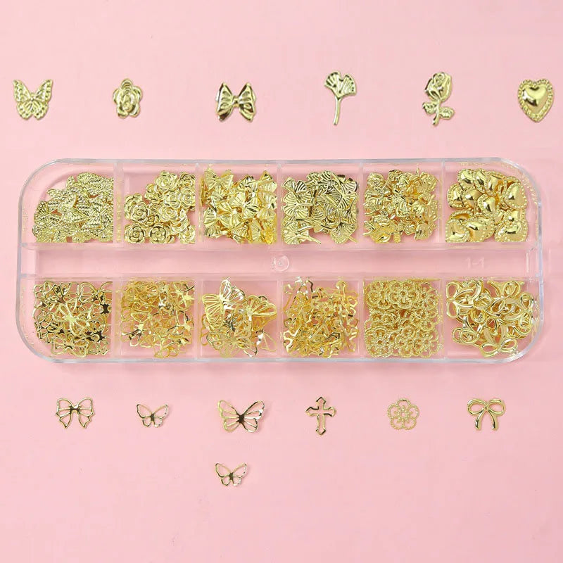 1000Pcs Gold Star Moon Glitter Nail Charms Metal Tips Slice Rivet DIY 3D FlatBack Nail Art Decorations Nails Jewelry Accessories