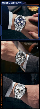 MINI FOCUS 0601 Multifunctional Unique design Quartz Watch for Men Calendar Luminous Stainless Steel Strap Bull Head Mens Watch