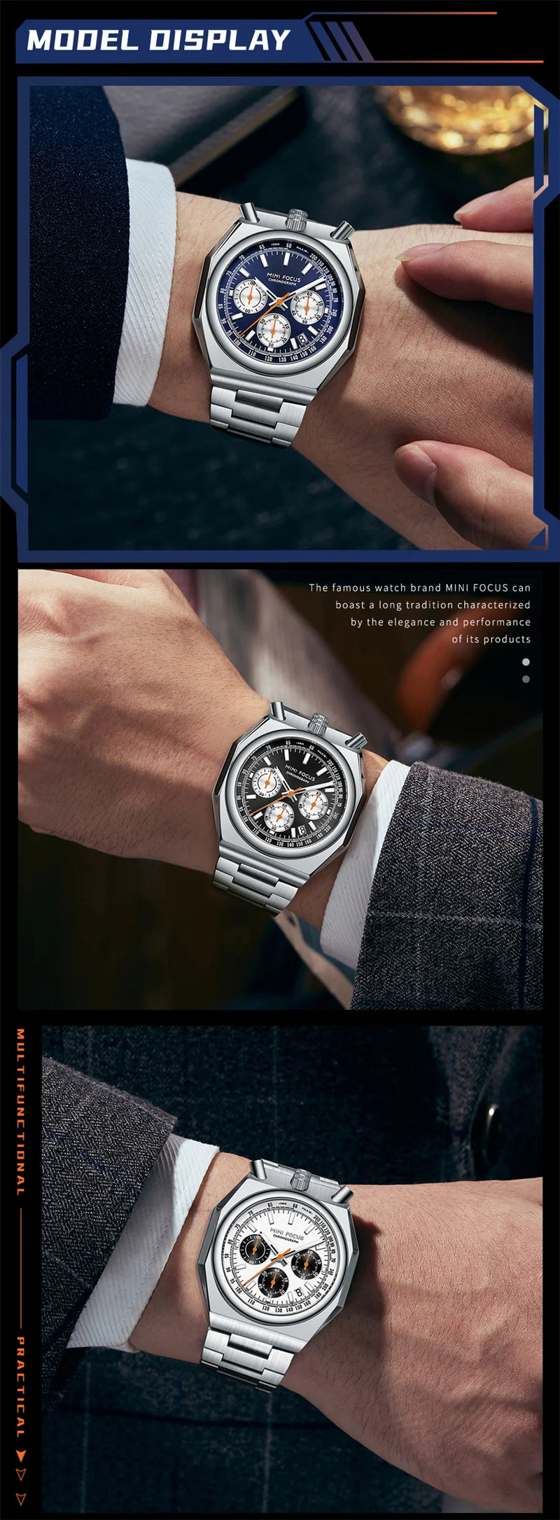 MINI FOCUS 0601 Multifunctional Unique design Quartz Watch for Men Calendar Luminous Stainless Steel Strap Bull Head Mens Watch