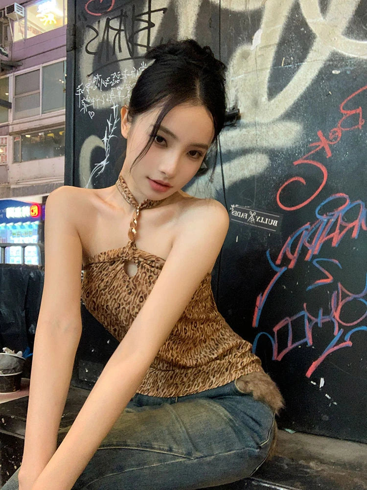 Y2k Aesthetic Hollow Out Leopard Sexy Tank Top Women Streetwear Backless Bandage Tanks Harajuku Halter Slim Fit Vintage Tops