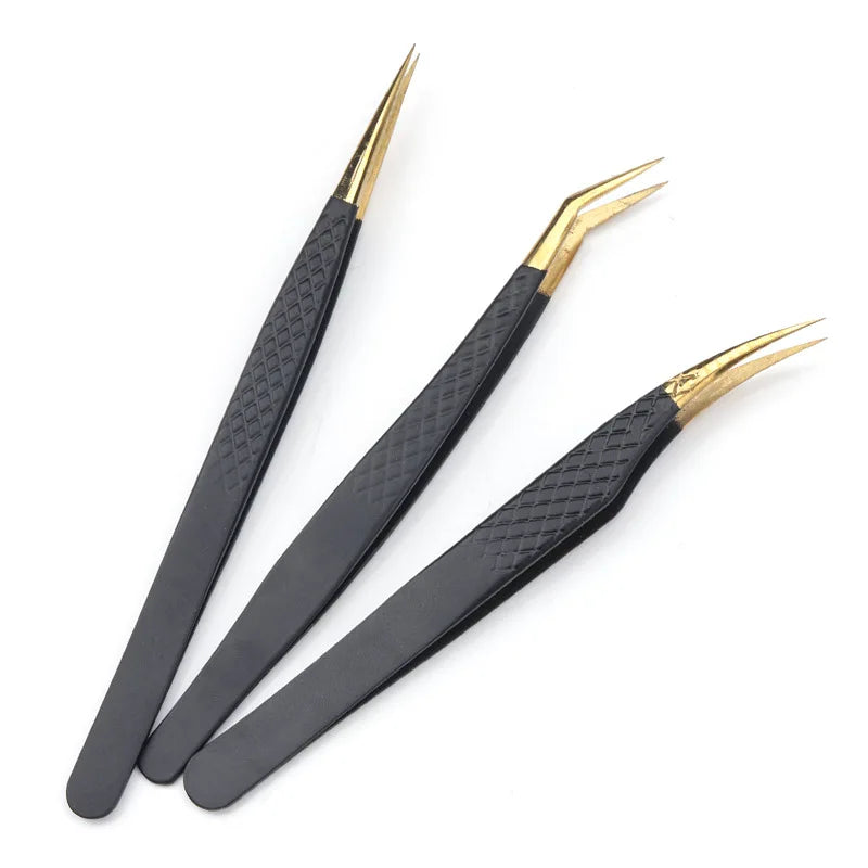Eyelash Tweezer Black Stainless Steel Superhard Precision Anti-Static Tweezers Grafting Lashes Extension Supplies Makeup Tools
