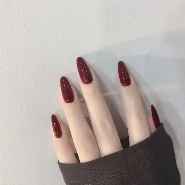 24pcs Wine Red Long Round Coffin Fake Nails With Glue Finished Art Full Cover Artificial Wearing False Nails Press On Nails Set