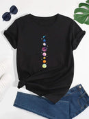 Women's Planet Print Crew Neck T-Shirt, Casual Short Sleeve T-Shirt, Casual Every Day Tops, Women's Clothing