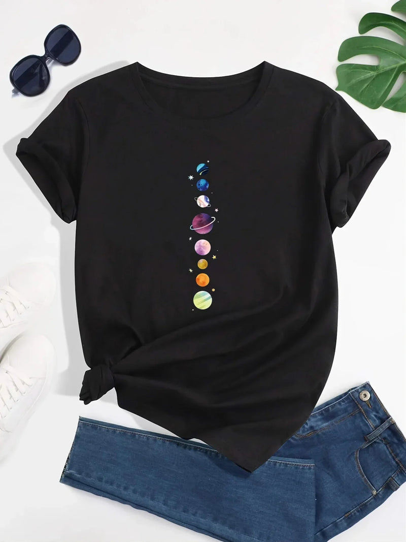 Women's Planet Print Crew Neck T-Shirt, Casual Short Sleeve T-Shirt, Casual Every Day Tops, Women's Clothing