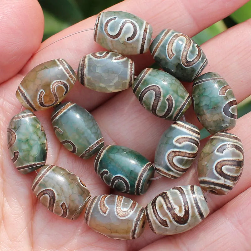 8pcs ,10x14mm Natural Green Agate Ancient Tibet Dzi beads, Many patterns, For DIY Jewelry making !