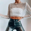 Women's Sexy Mesh Beaded Tops Ladies Fashion Sequins Long Sleeve Top T-Shirt Summer Casual Pullover for Female 2024 New