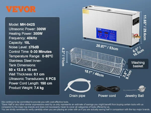 Limpiador ultrasónico VEVOR 2/3/6/10/15/30L 300W 40kHz digital con temporizador y calentador, con cesta para piezas de armas y balas.