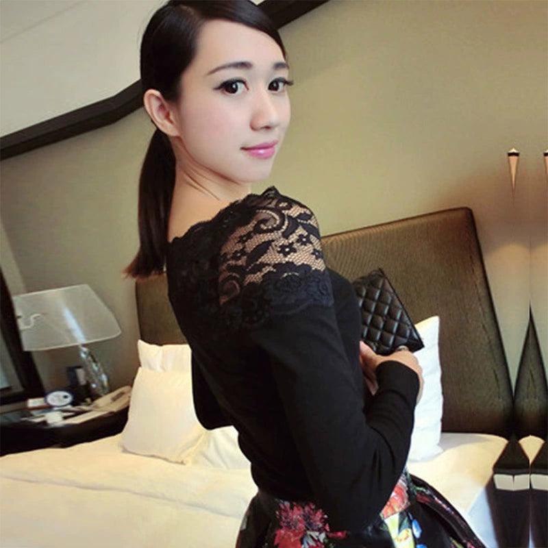 Autumn and Winter off-Shoulder Lace Shirt Slim-Fit Large Size Top