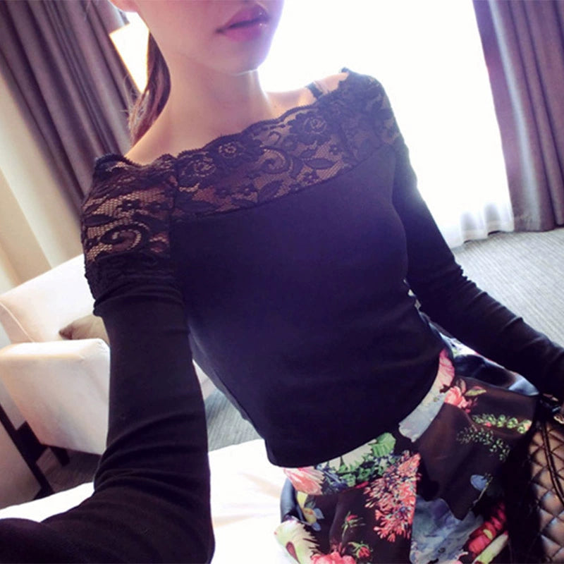 Autumn and Winter off-Shoulder Lace Shirt Slim-Fit Large Size Top