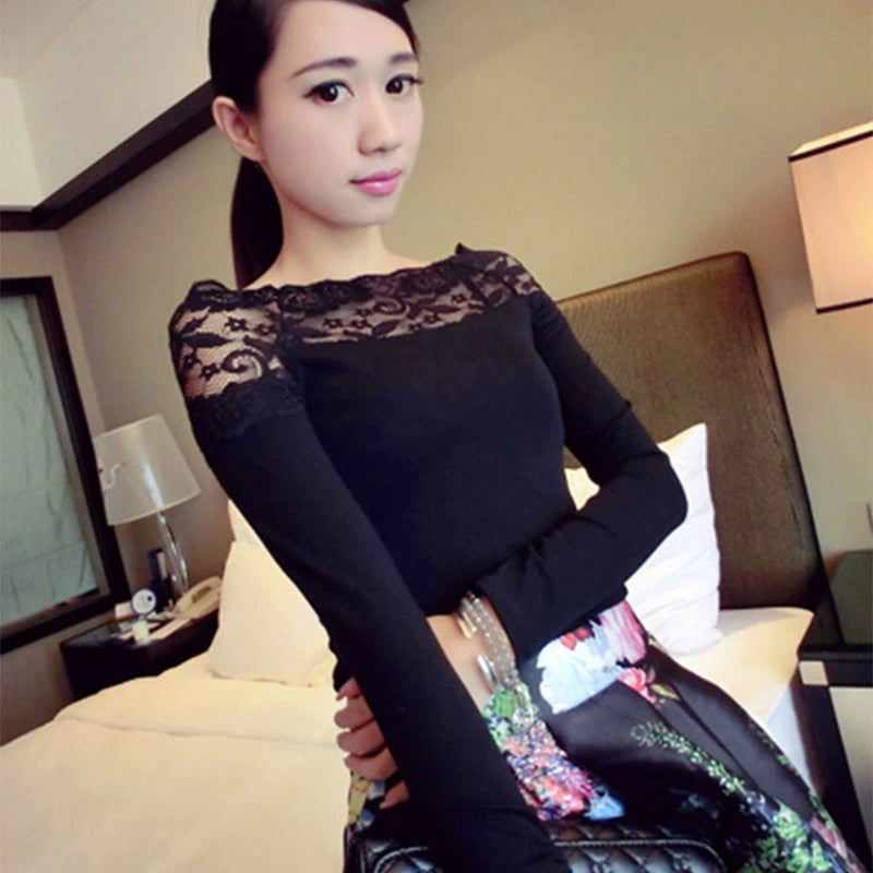 Autumn and Winter off-Shoulder Lace Shirt Slim-Fit Large Size Top
