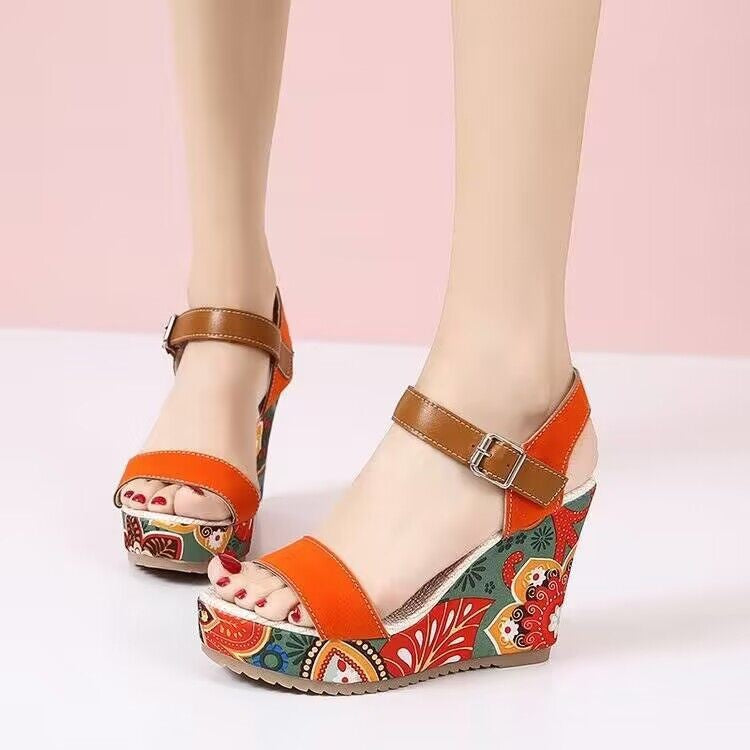Ethnic Print Buckle Strap Wedge Sandals for Women