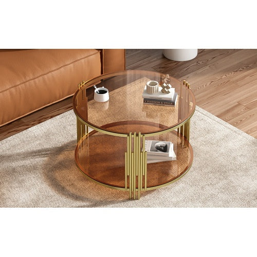 Modern Brown Glass Coffee Table, Asymmetrical Metal, Circular Metal Drum Base, Gold Finish  Lower Shelf