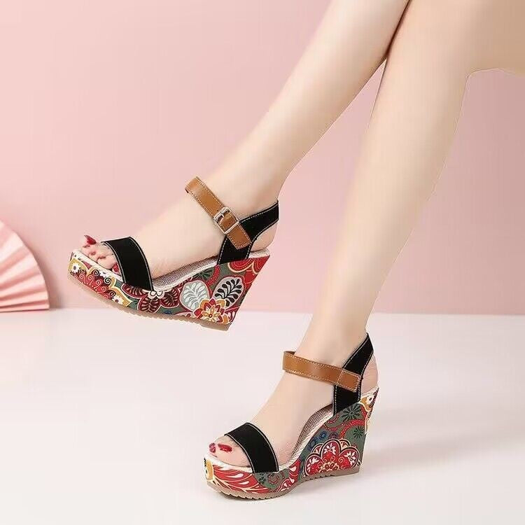 Ethnic Print Buckle Strap Wedge Sandals for Women