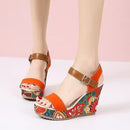 Ethnic Print Buckle Strap Wedge Sandals for Women