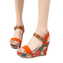 Ethnic Print Buckle Strap Wedge Sandals for Women