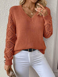 Loose Hollow Knitted Sweater Long-sleeved Pullover V-neck Top Women's Clothing
