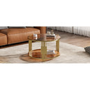 Modern Brown Glass Coffee Table, Asymmetrical Metal, Circular Metal Drum Base, Gold Finish  Lower Shelf