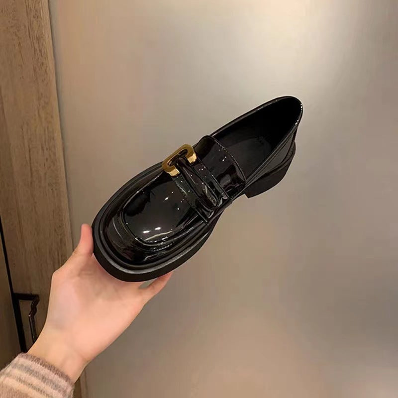 Cowhide Thick-Soled Loafers Black Versatile Leather Shoes