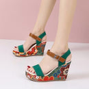 Ethnic Print Buckle Strap Wedge Sandals for Women