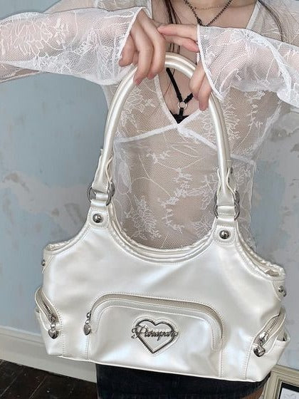 Pearlescent White PU Y2K Large Tote Bag