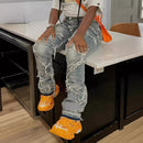 Laminated Ripped Washed Straight Tassle Fashion Casual Jeans