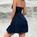 Fashionable Off-shoulder Low Collar Sexy Fishbone Waist Tight Denim Dress