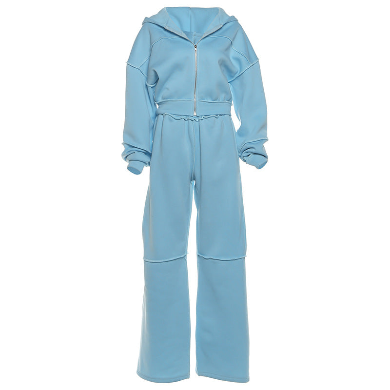 Women's Hooded Zipper Coat and Pants Suit