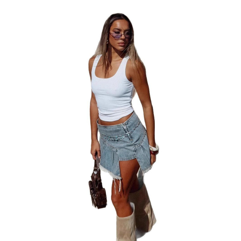 Rivet Irregular Pleated A- Line Women's Denim Skirt