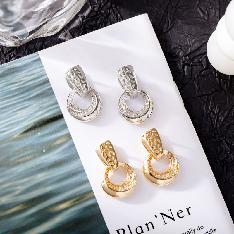 Luxury Hollow Round Moon Rose Gold Silver Color Drop Earrings For Women Micro-wax Inlay Natural Zircon Flower Bridal Wedding Daily Jewelry For Women