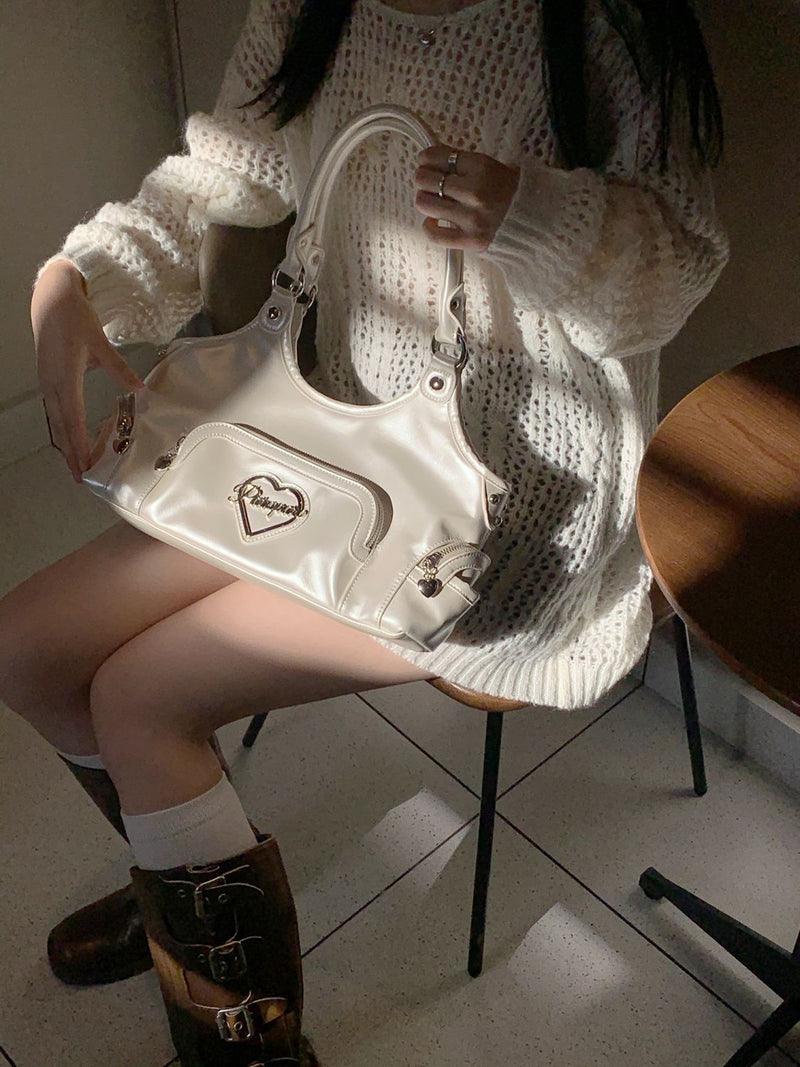 Pearlescent White PU Y2K Large Tote Bag