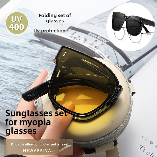 Folding sunglasses can be worn over men's myopia glasses