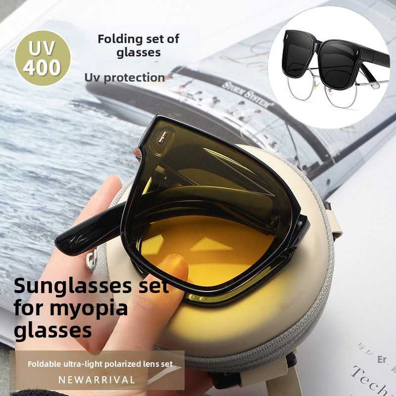 Folding sunglasses can be worn over men's myopia glasses