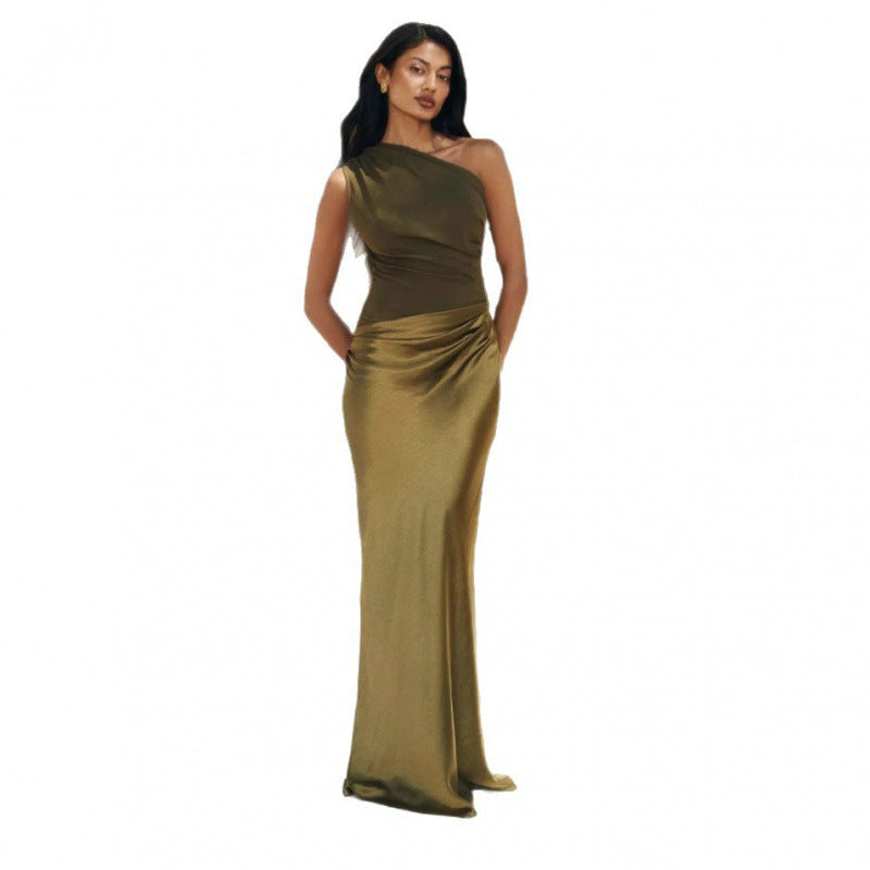 Elegant Off-Shoulder Ruched Satin Dress