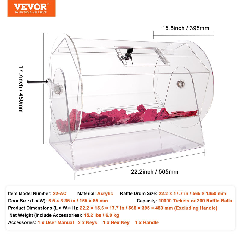 VEVOR Acrylic Raffle Drum,Professional Raffle Ticket Spinning Cage With 2 Keys, Transparent Lottery Spinning Drawing, Holds 10000 Tickets Or 300 Raffle Balls, Raffle Ticket Box For Lottery Games Bing