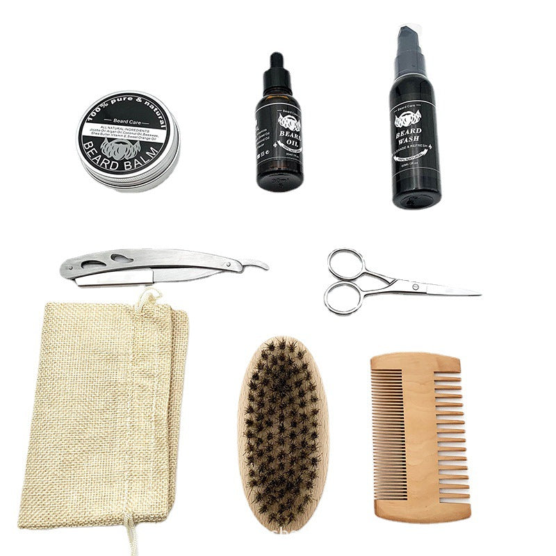 Beard Care Kit 9-Piece Set with Comb, Brush, Scissors, and Grooming Products