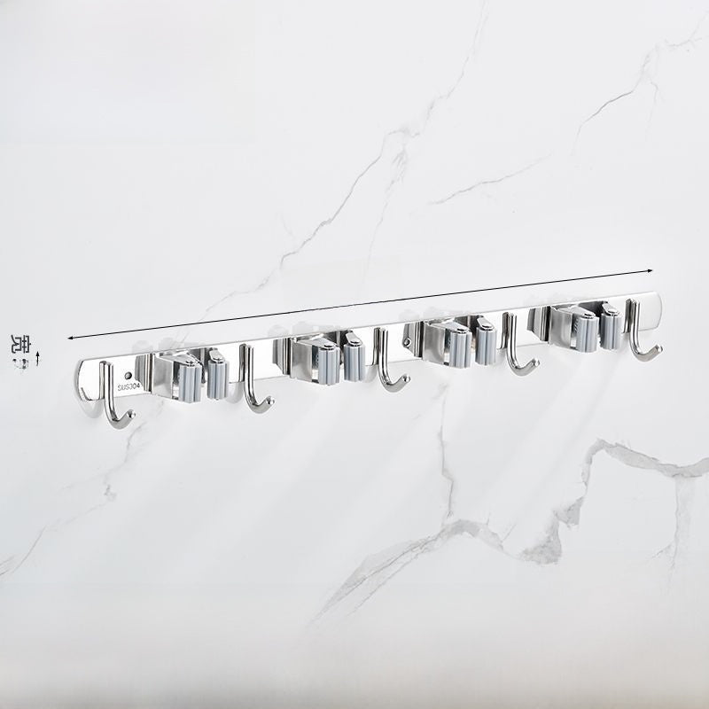 Stainless Steel Wall-Mounted Mop Rack with Hooks and Clips