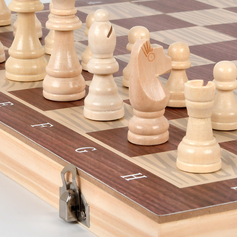 Three-in-One Wooden Chess Checkers Backgammon Board Game Set