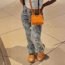 Laminated Ripped Washed Straight Tassle Fashion Casual Jeans