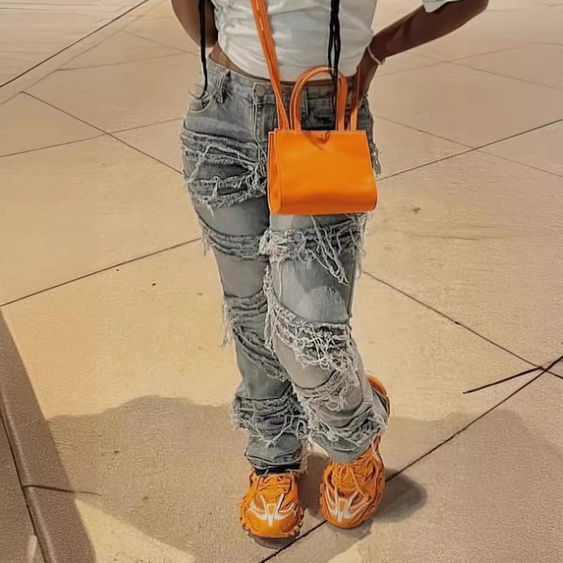 Laminated Ripped Washed Straight Tassle Fashion Casual Jeans