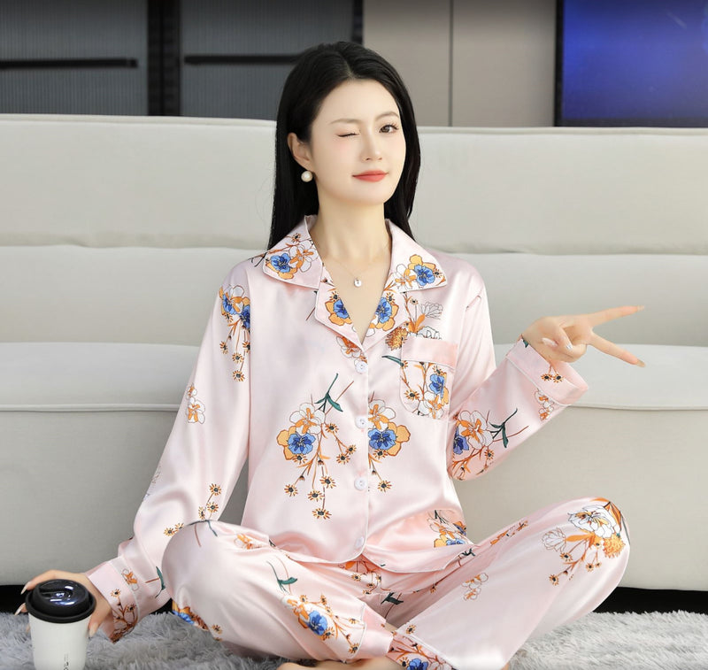 Ice Silk Pajamas Women's Summer Women's suit Long-sleeved Trousers Silk-like Pajamas Casual Light Luxury plus size Home Clothes