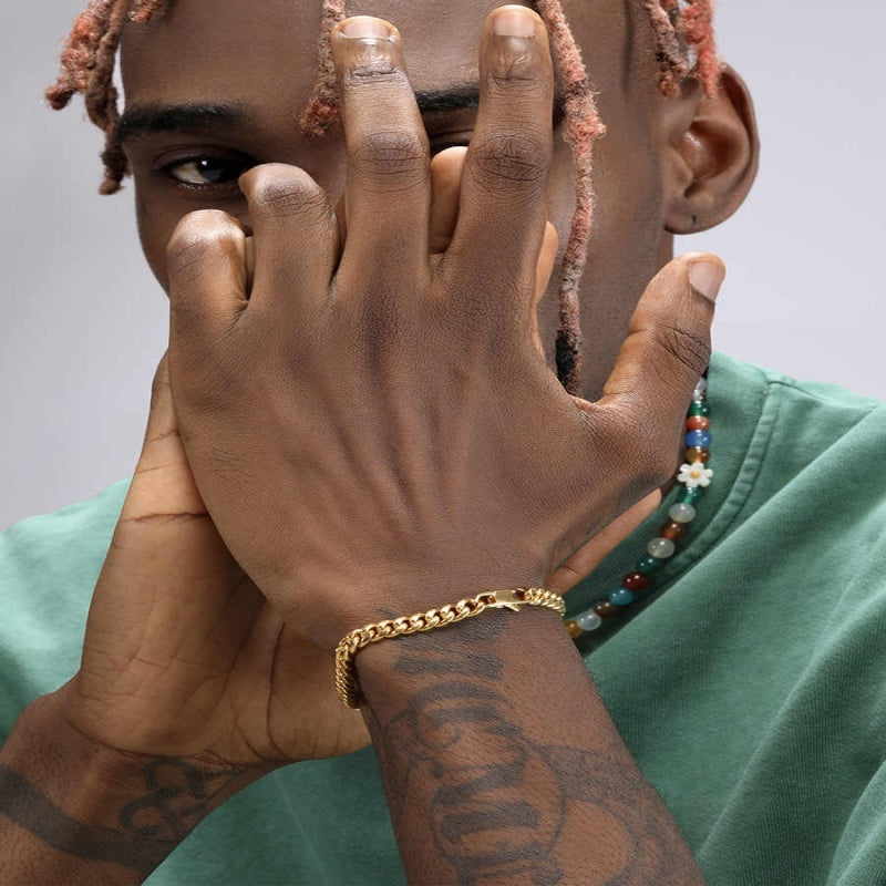 18K Gold Thin Cuban Chain Bracelet For Men