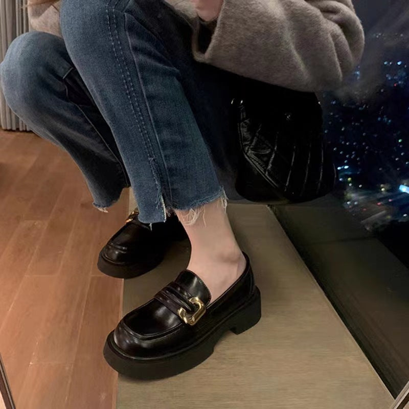 Cowhide Thick-Soled Loafers Black Versatile Leather Shoes