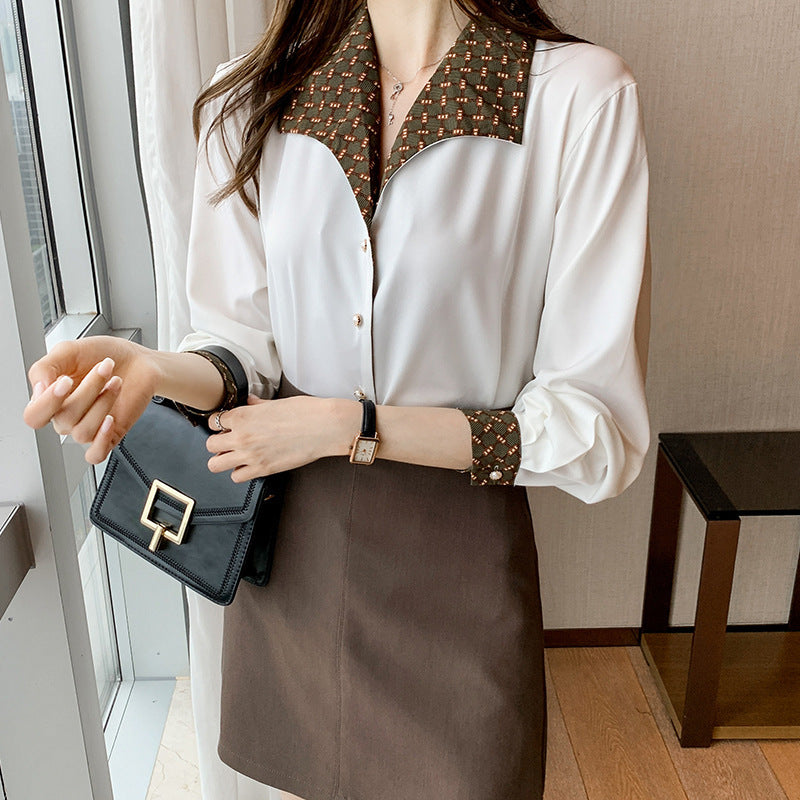 Satin Design Long-sleeved Temperament Draped Flower Shirt Top