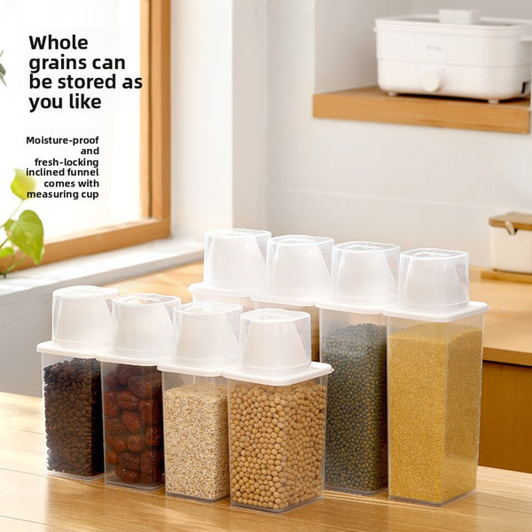 With marked measuring cups and a rice bucket