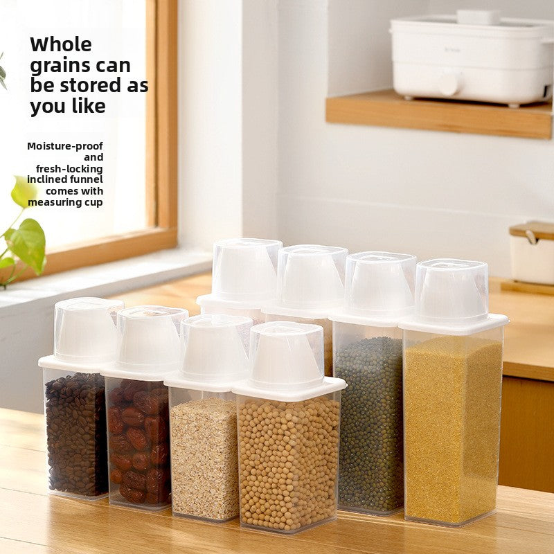 With marked measuring cups and a rice bucket