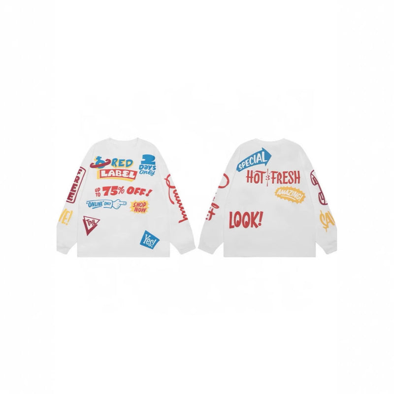 Full Print Color Graffiti Letters Printed Casual Long Sleeve T-Shirt