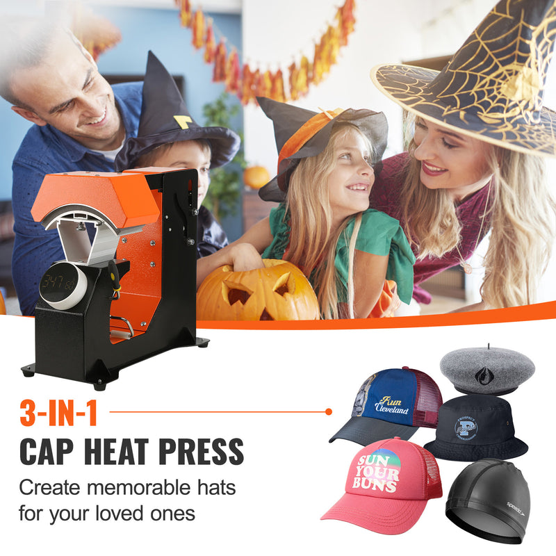 VEVOR 3in1 Auto Hat Heat Press With 3pcs Interchangeable Platens Automatic Release&Press Knob Style Digital Control Panel, Heat Transfer Printing For Caps